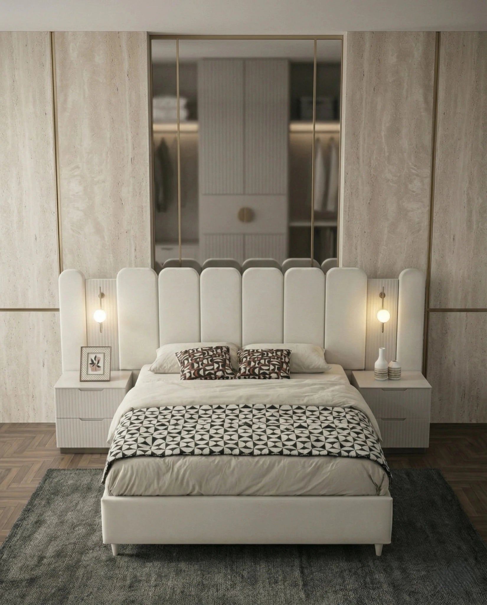 Beautiful cream fluted upholstered bed and premium extended headboard bed crafted by Arris Concepts Luxury Pvt. Ltd.