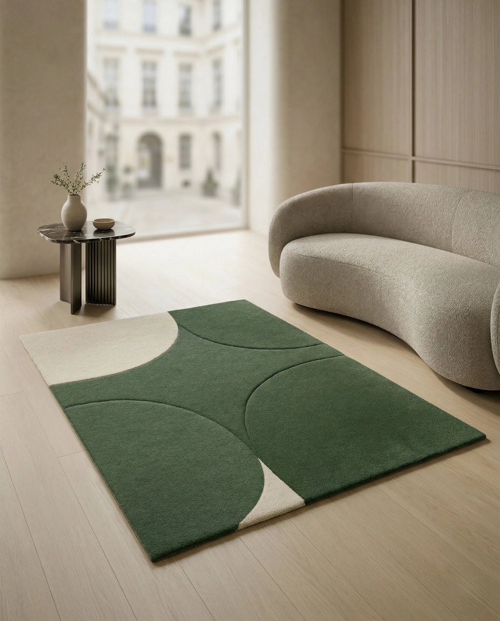 A designer contemporary floor rug and premium geometric green area rug crafted by Arris Concepts Luxury Pvt. Ltd.