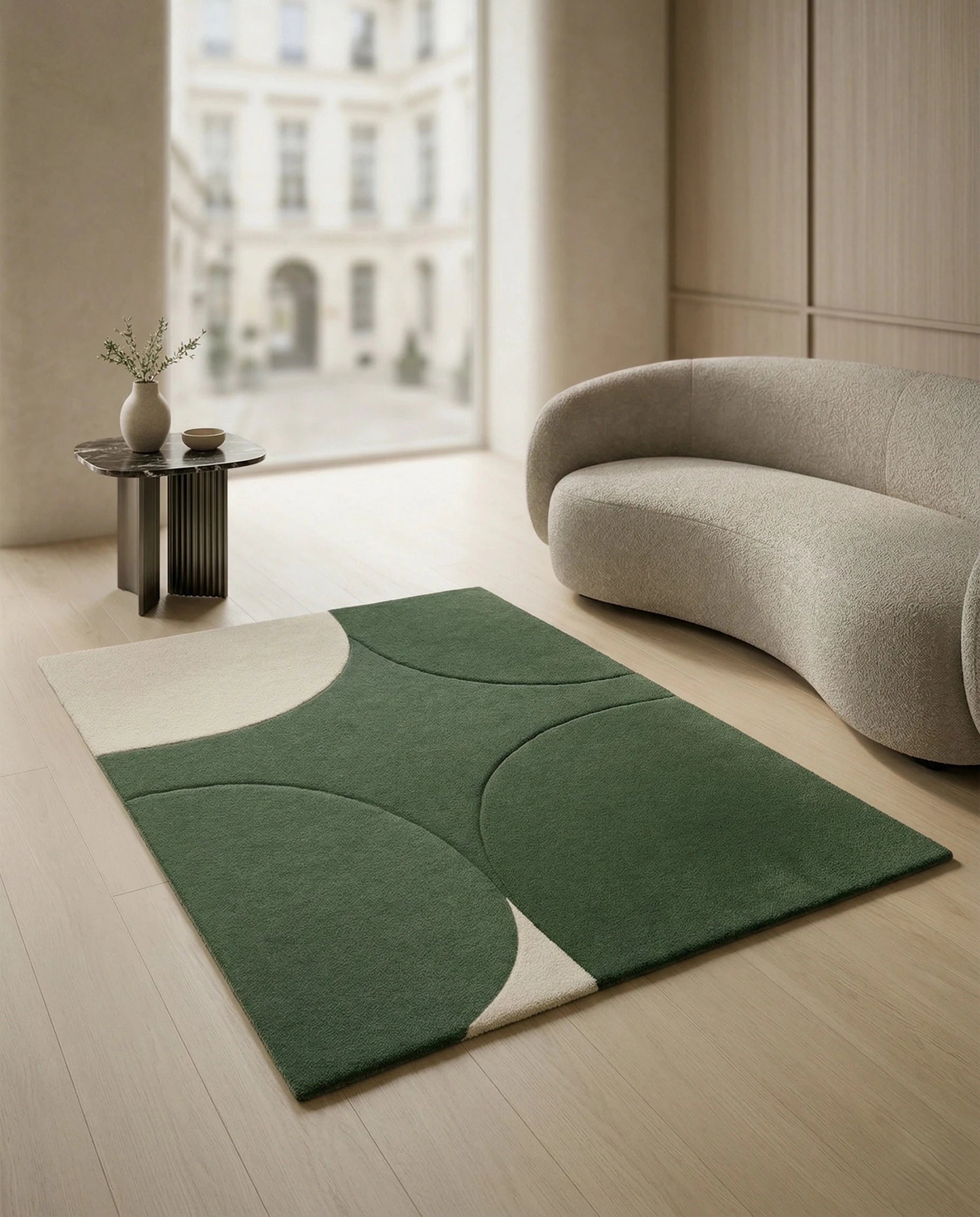 A designer contemporary floor rug and premium geometric green area rug crafted by Arris Concepts Luxury Pvt. Ltd.