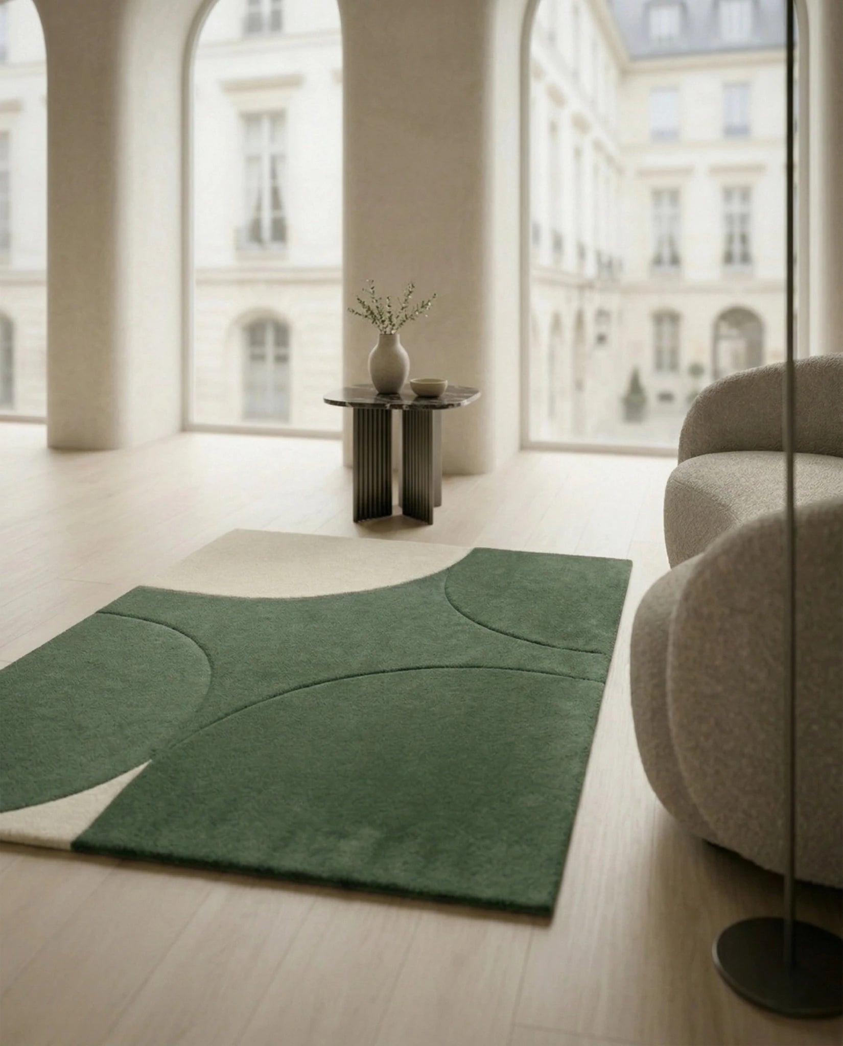 A designer contemporary floor rug and premium geometric green area rug crafted by Arris Concepts Luxury Pvt. Ltd.
