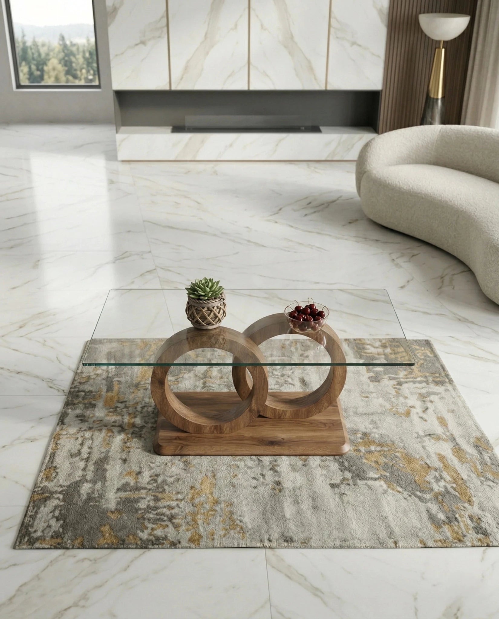 A premium glass and wood coffee table and modern round glass center table crafted by Arris Concepts Luxury Pvt. Ltd.