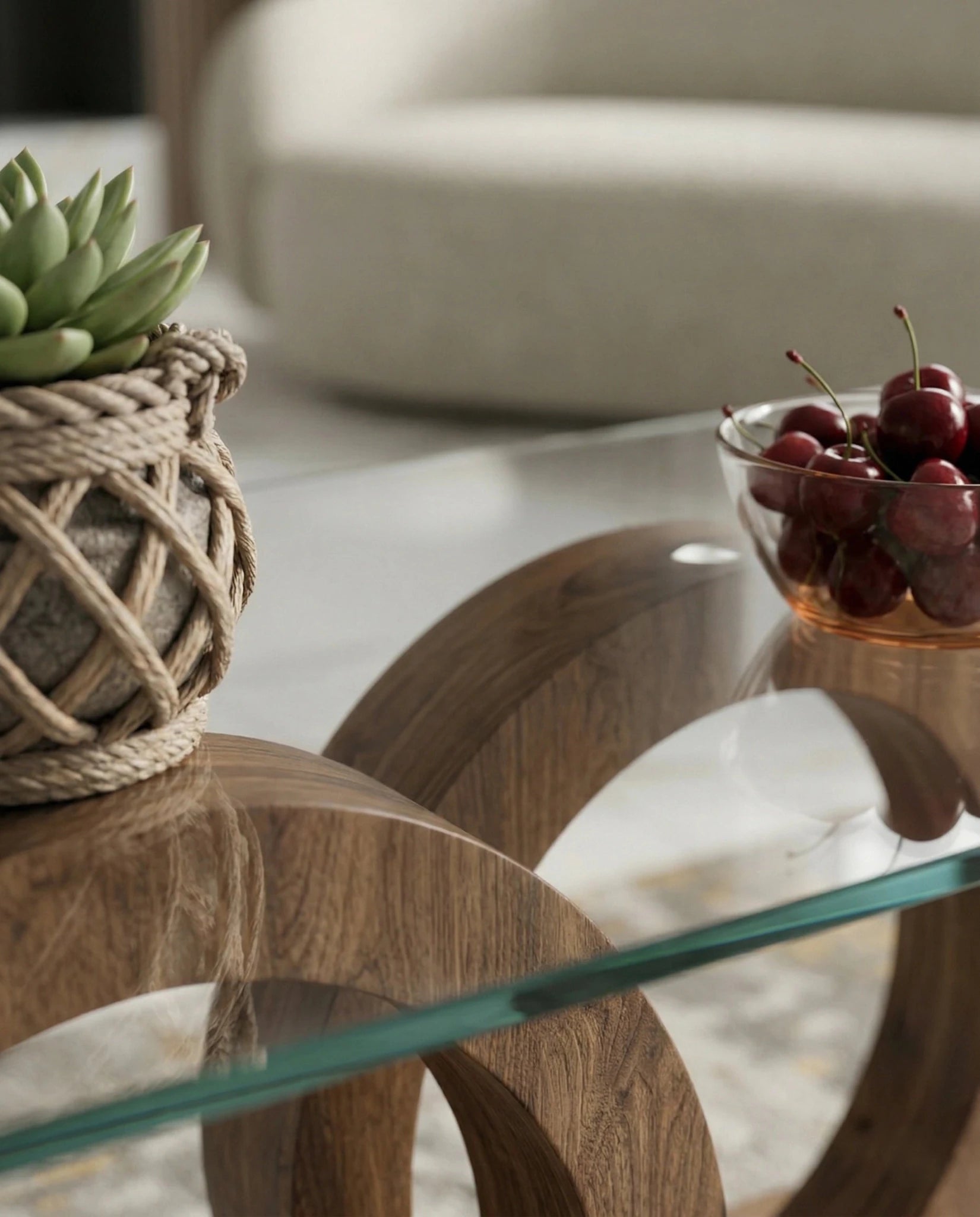A premium glass and wood coffee table and modern round glass center table crafted by Arris Concepts Luxury Pvt. Ltd.