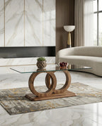 A premium glass and wood coffee table and modern round glass center table crafted by Arris Concepts Luxury Pvt. Ltd.
