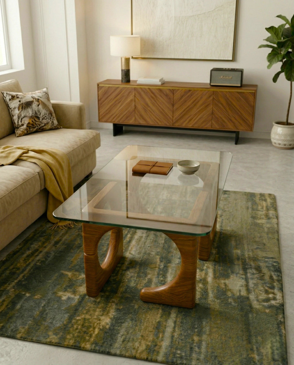 Modern wood base glass table and premium glass sculptural coffee table by Arris Concepts Luxury Pvt. Ltd.
