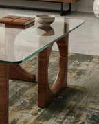 Modern wood base glass table and premium glass sculptural coffee table by Arris Concepts Luxury Pvt. Ltd.