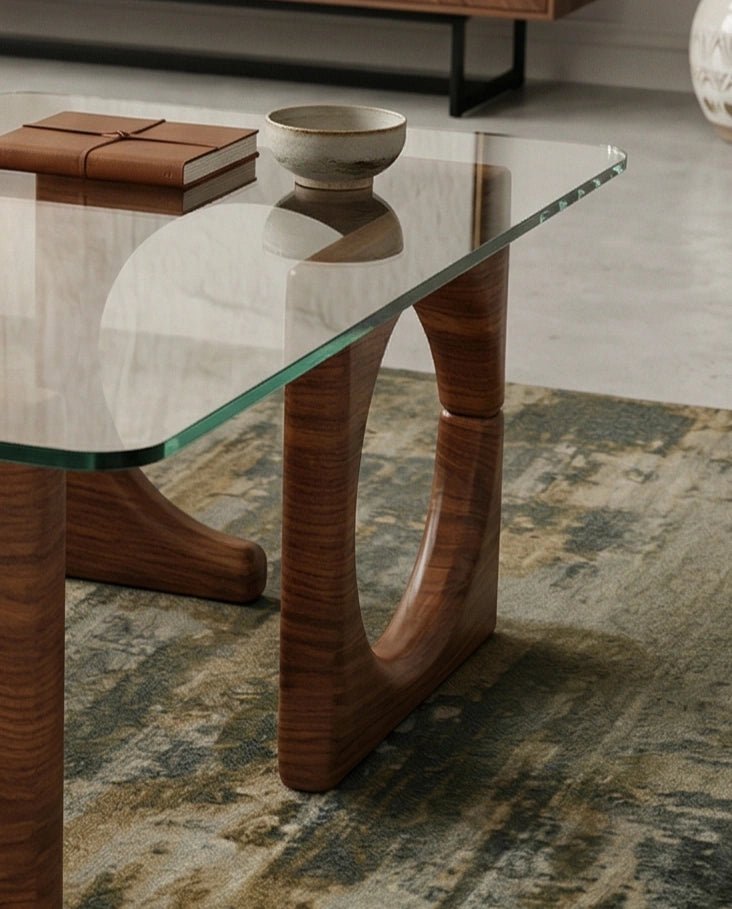 Modern wood base glass table and premium glass sculptural coffee table by Arris Concepts Luxury Pvt. Ltd.