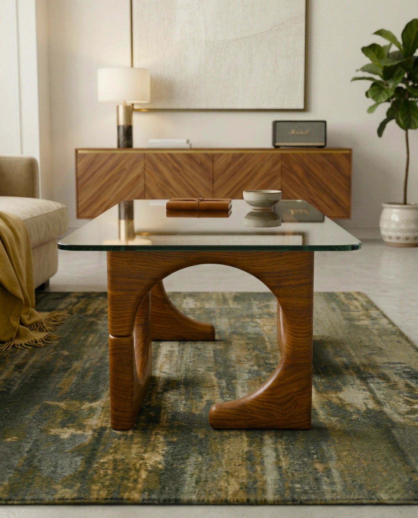 Modern wood base glass table and premium glass sculptural coffee table by Arris Concepts Luxury Pvt. Ltd.