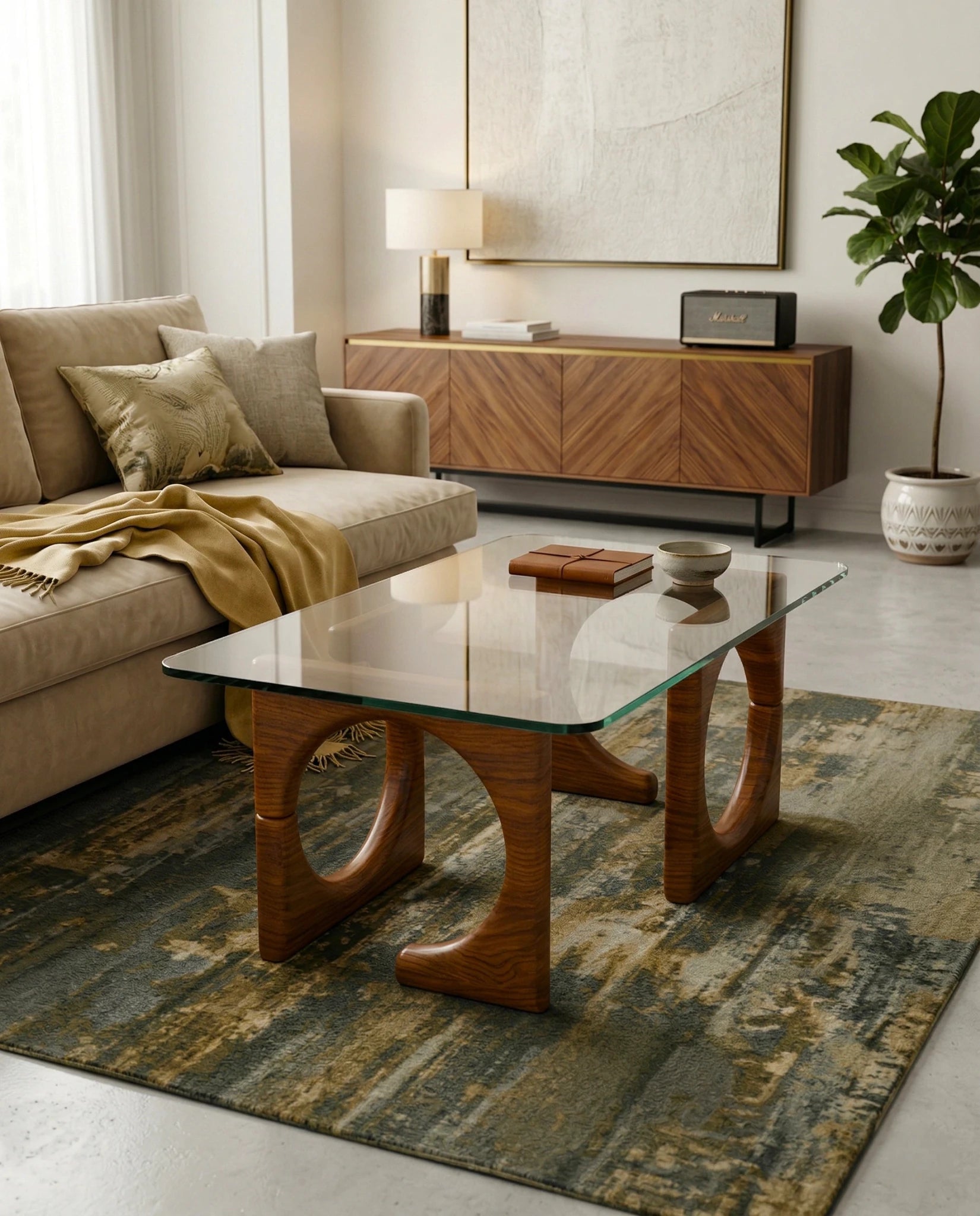 Modern wood base glass table and premium glass sculptural coffee table by Arris Concepts Luxury Pvt. Ltd.