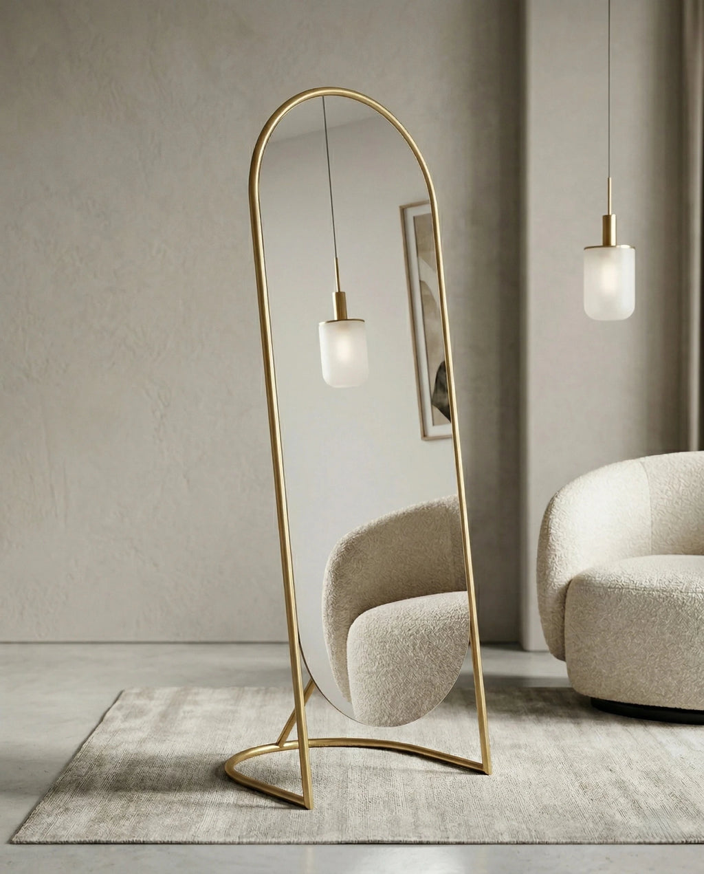 A premium gold floor mirror with an elegant capsule design from Arris Concepts Luxury Pvt. Ltd.