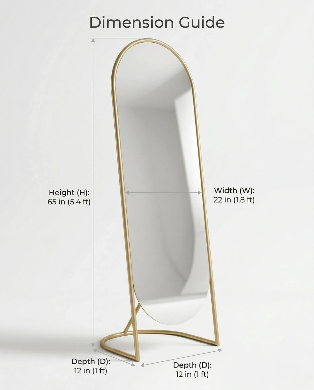 A premium gold floor mirror with an elegant capsule design from Arris Concepts Luxury Pvt. Ltd.