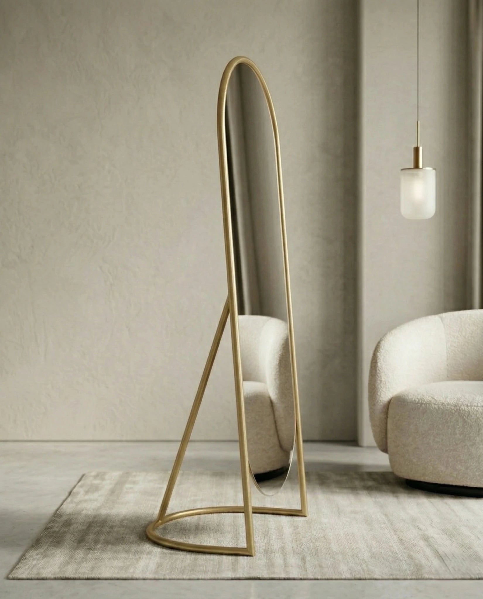 A premium gold floor mirror with an elegant capsule design from Arris Concepts Luxury Pvt. Ltd.