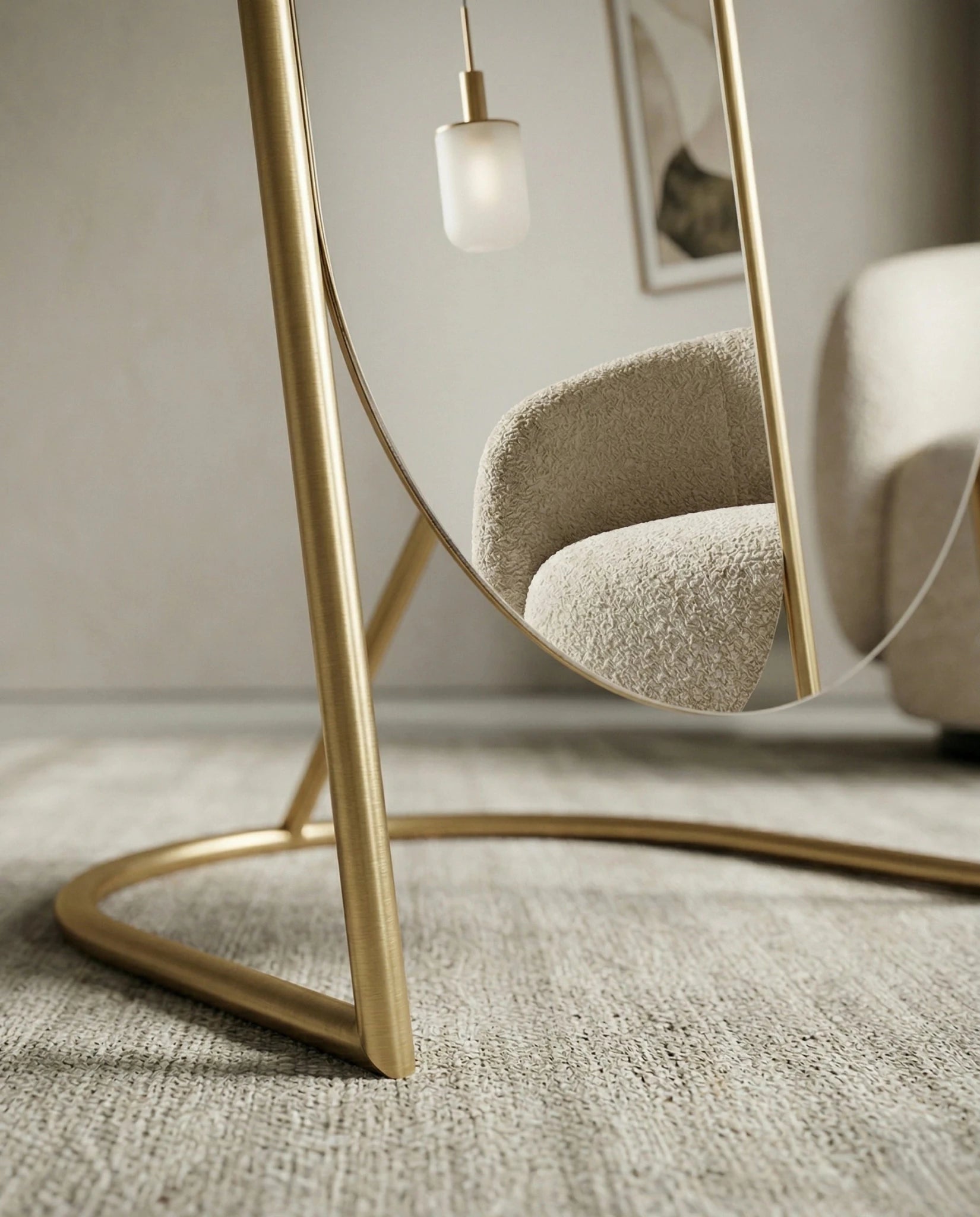 A premium gold floor mirror with an elegant capsule design from Arris Concepts Luxury Pvt. Ltd.