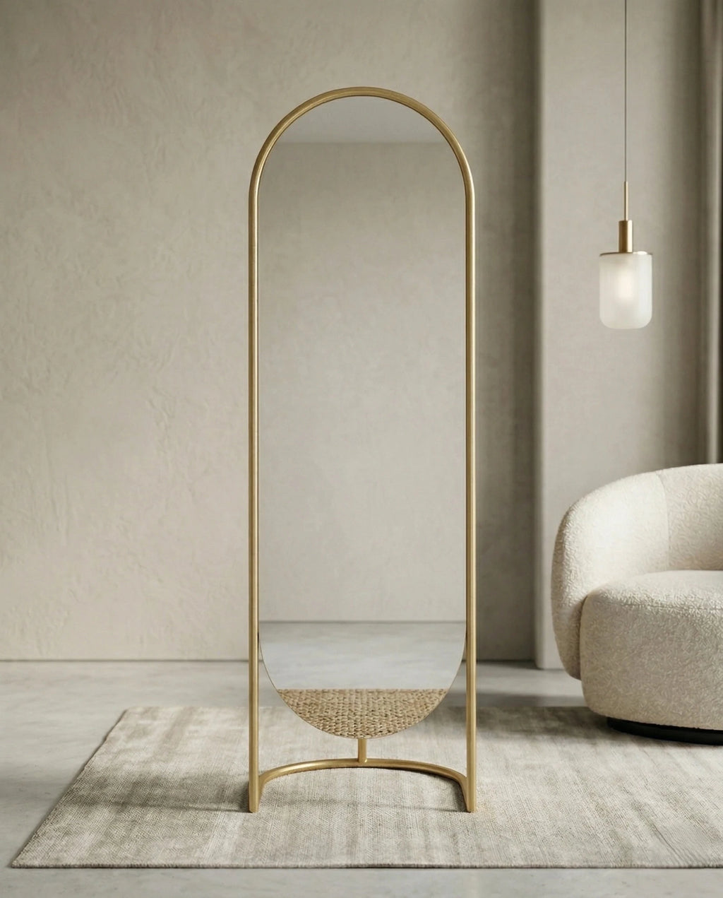 A premium gold floor mirror with an elegant capsule design from Arris Concepts Luxury Pvt. Ltd.