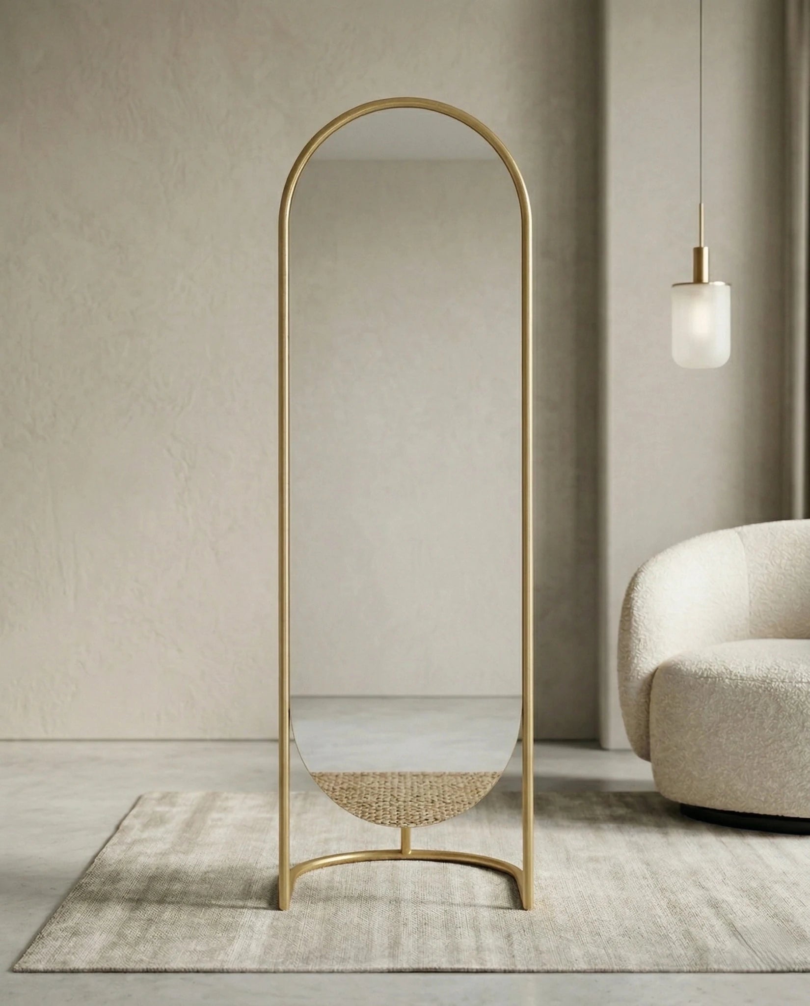 A premium gold floor mirror with an elegant capsule design from Arris Concepts Luxury Pvt. Ltd.