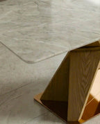 Modern wood base stone table and a premium marble geometric dining table crafted by Arris Concepts Luxury Pvt. Ltd.
