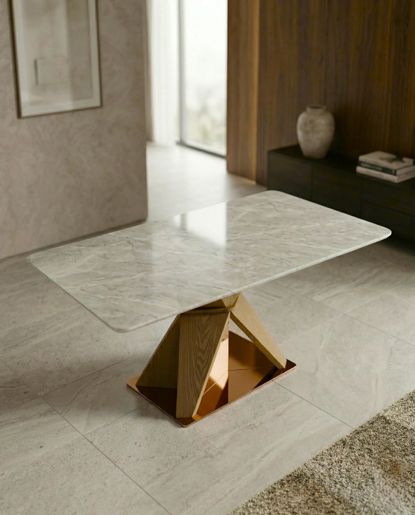 Modern wood base stone table and a premium marble geometric dining table crafted by Arris Concepts Luxury Pvt. Ltd.