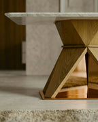 Modern wood base stone table and a premium marble geometric dining table crafted by Arris Concepts Luxury Pvt. Ltd.