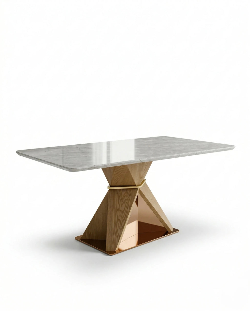 Modern wood base stone table and a premium marble geometric dining table crafted by Arris Concepts Luxury Pvt. Ltd.