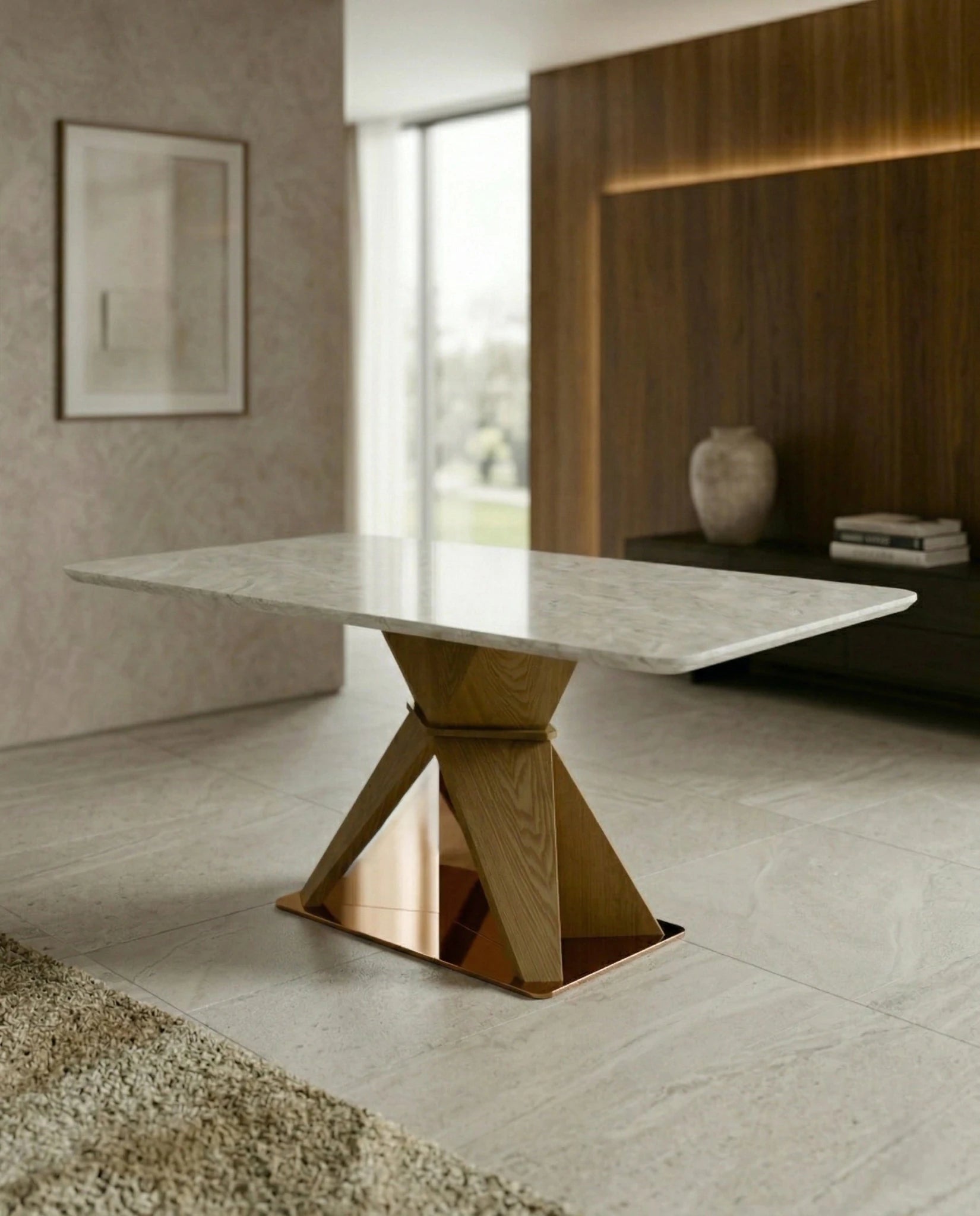 Modern wood base stone table and a premium marble geometric dining table crafted by Arris Concepts Luxury Pvt. Ltd.