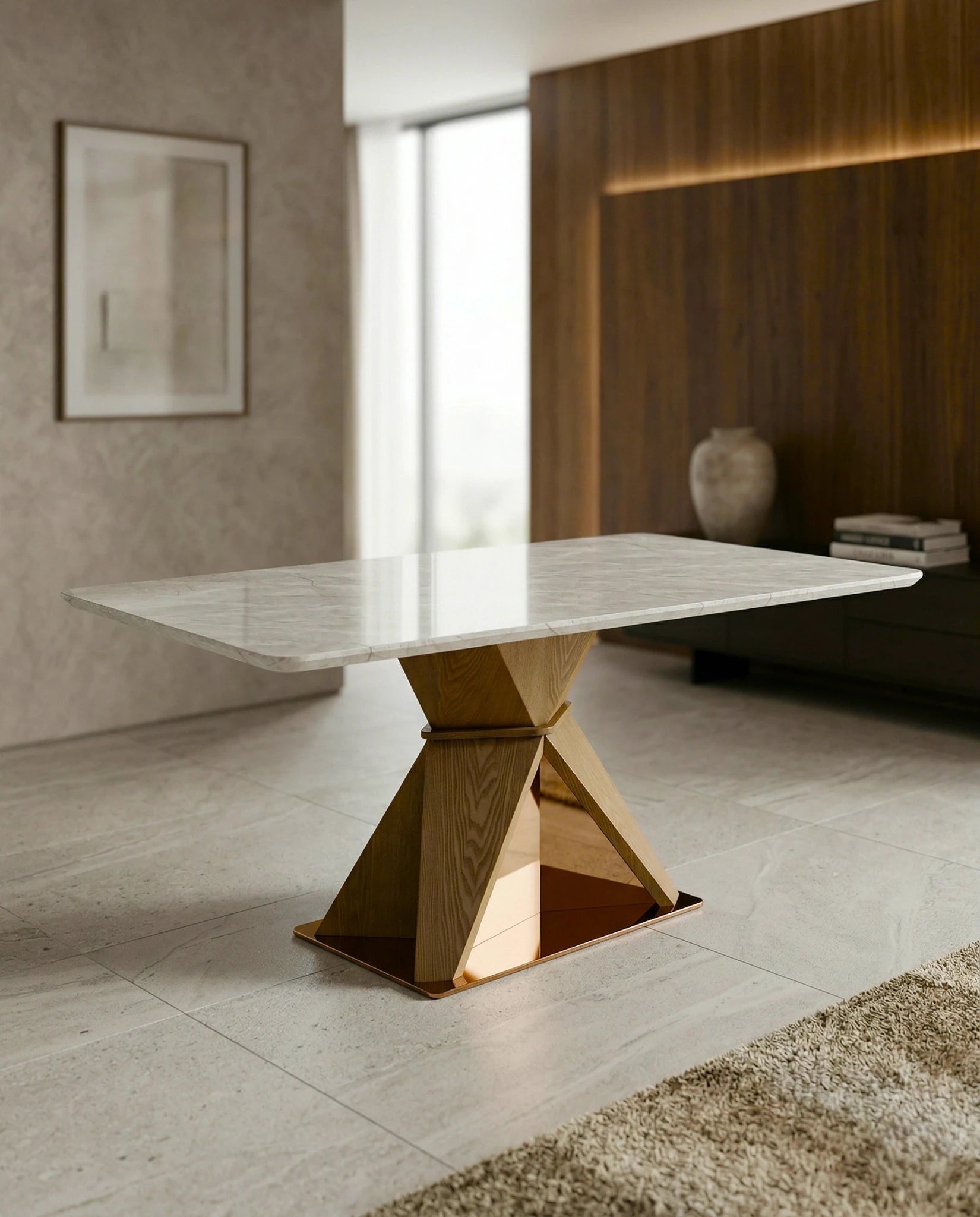 Modern wood base stone table and a premium marble geometric dining table crafted by Arris Concepts Luxury Pvt. Ltd.