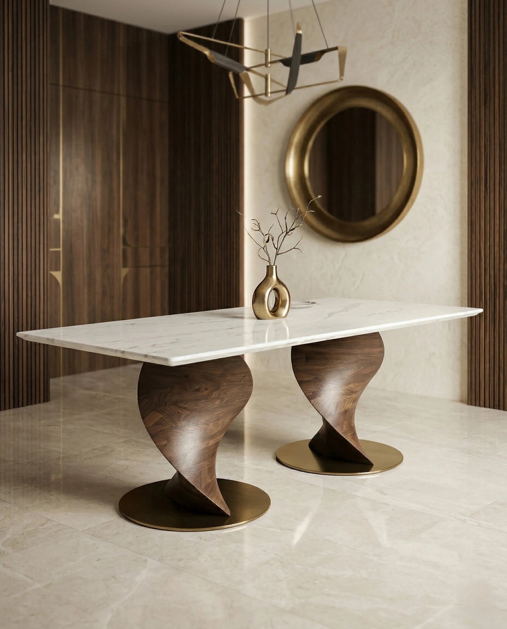 Modern wood base marble table and premium marble sculptural dining table by Arris Concepts Luxury Pvt. Ltd.