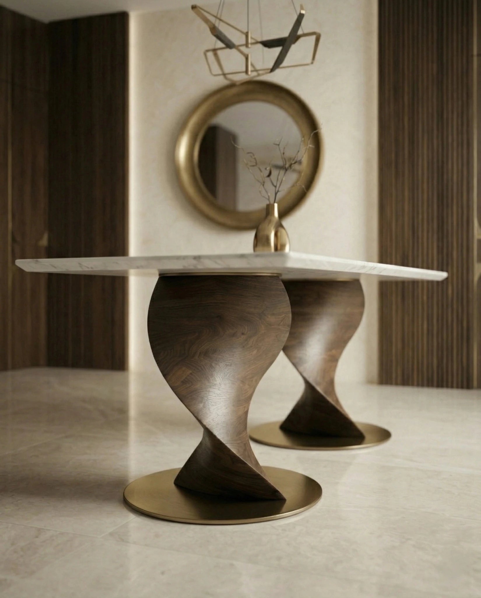 Modern wood base marble table and premium marble sculptural dining table by Arris Concepts Luxury Pvt. Ltd.
