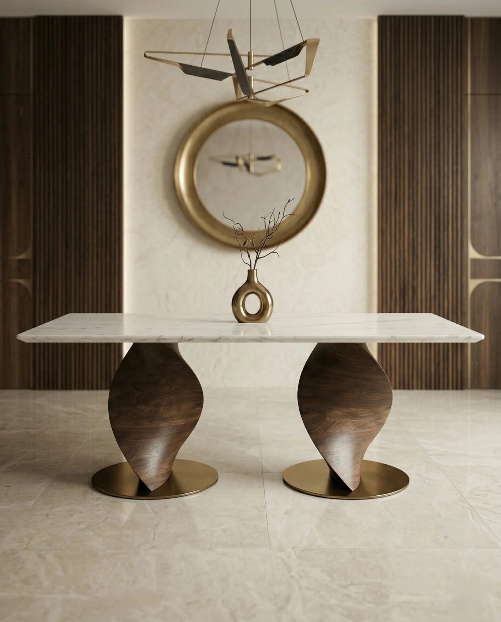 Modern wood base marble table and premium marble sculptural dining table by Arris Concepts Luxury Pvt. Ltd.