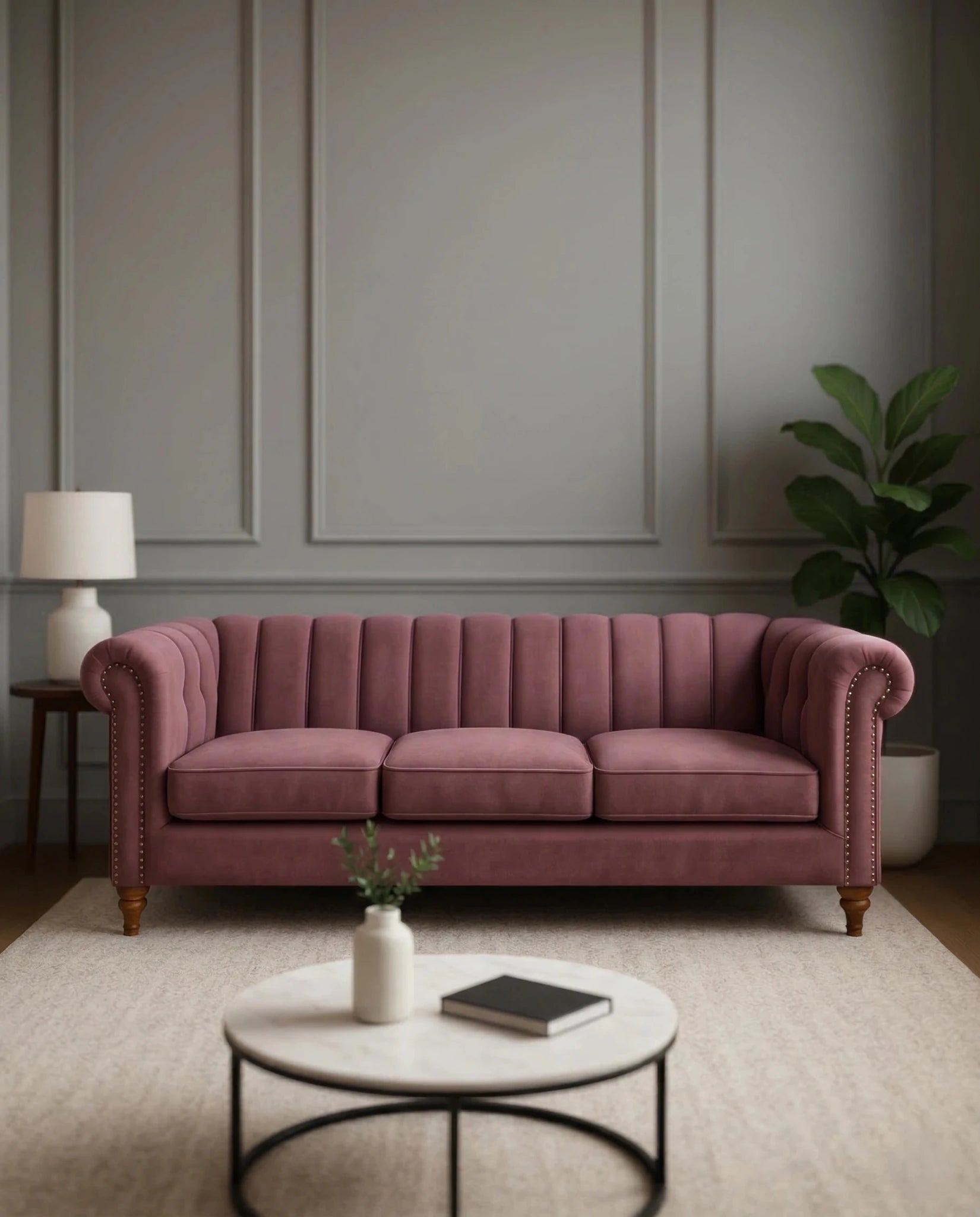 Beautiful premium mauve velvet chesterfield sofa crafted by Arris Concepts Luxury Pvt. Ltd.