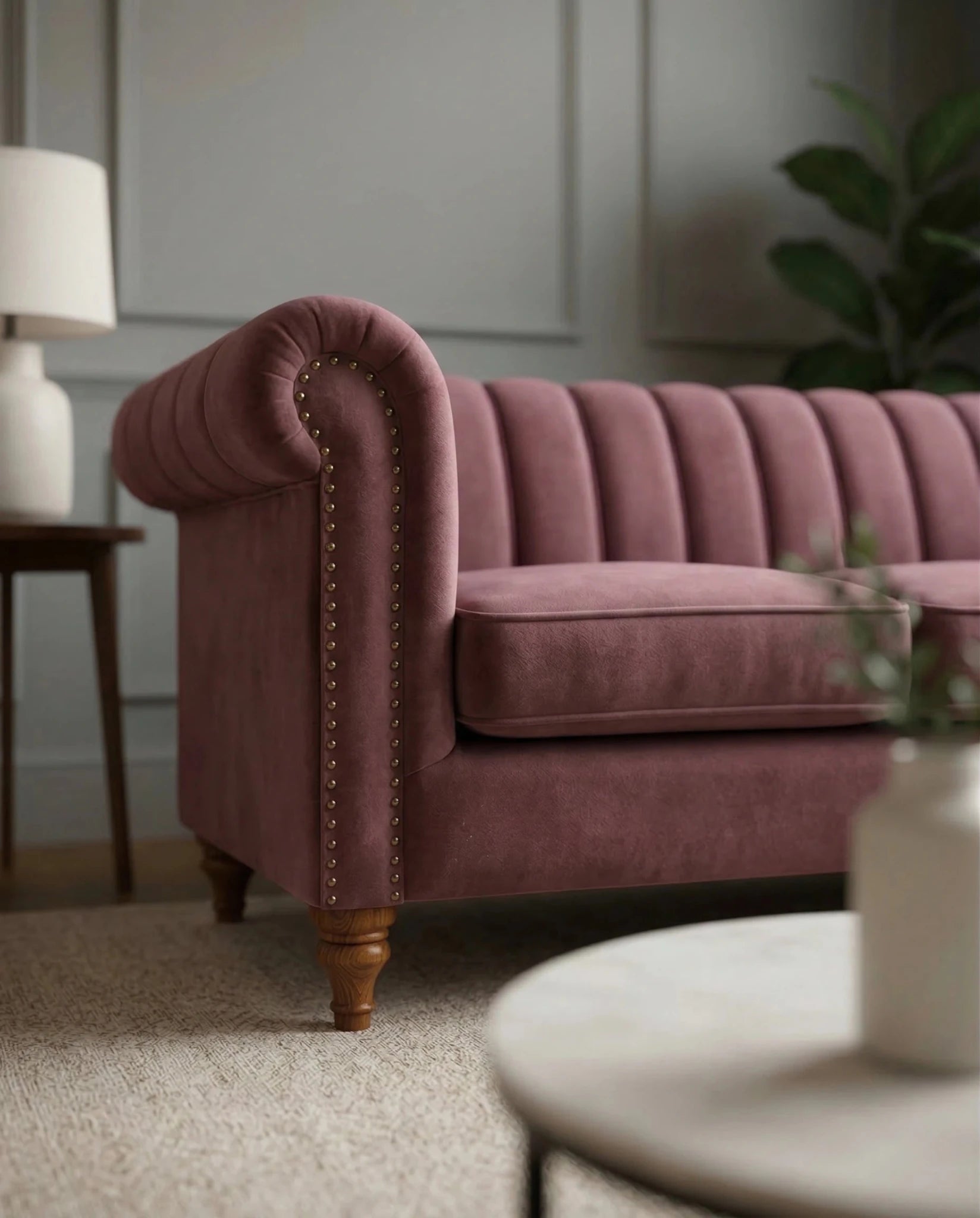 Beautiful premium mauve velvet chesterfield sofa crafted by Arris Concepts Luxury Pvt. Ltd.
