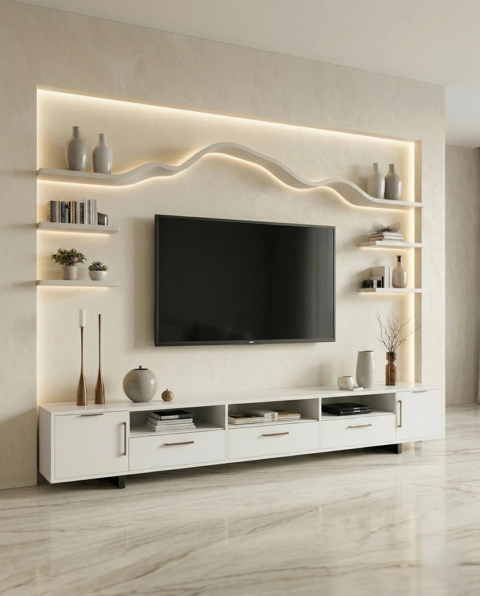 Beautiful premium minimalist white tv ledge crafted by Arris Concepts Luxury Pvt. Ltd.