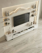Beautiful premium minimalist white tv ledge crafted by Arris Concepts Luxury Pvt. Ltd.