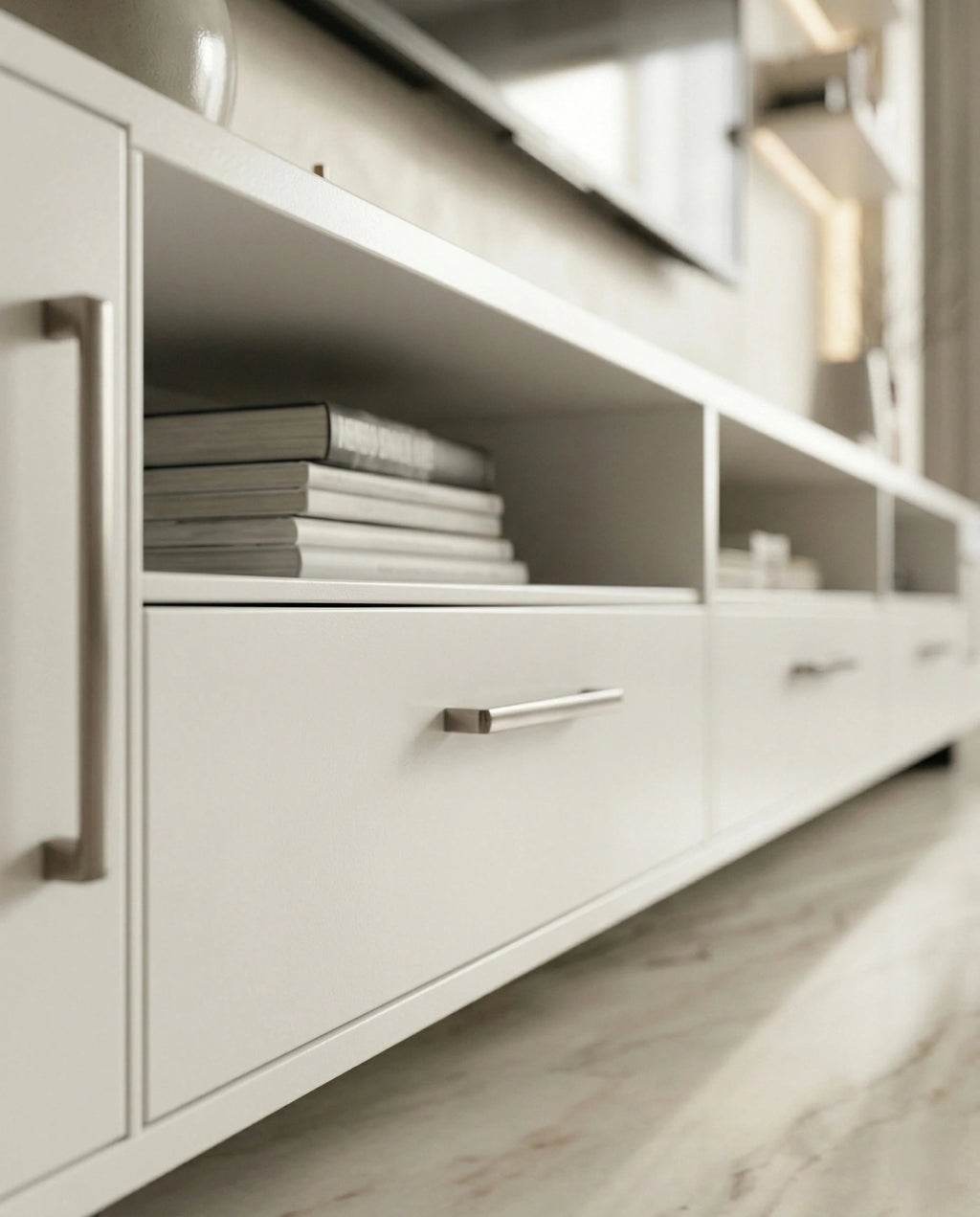 Beautiful premium minimalist white tv ledge crafted by Arris Concepts Luxury Pvt. Ltd.