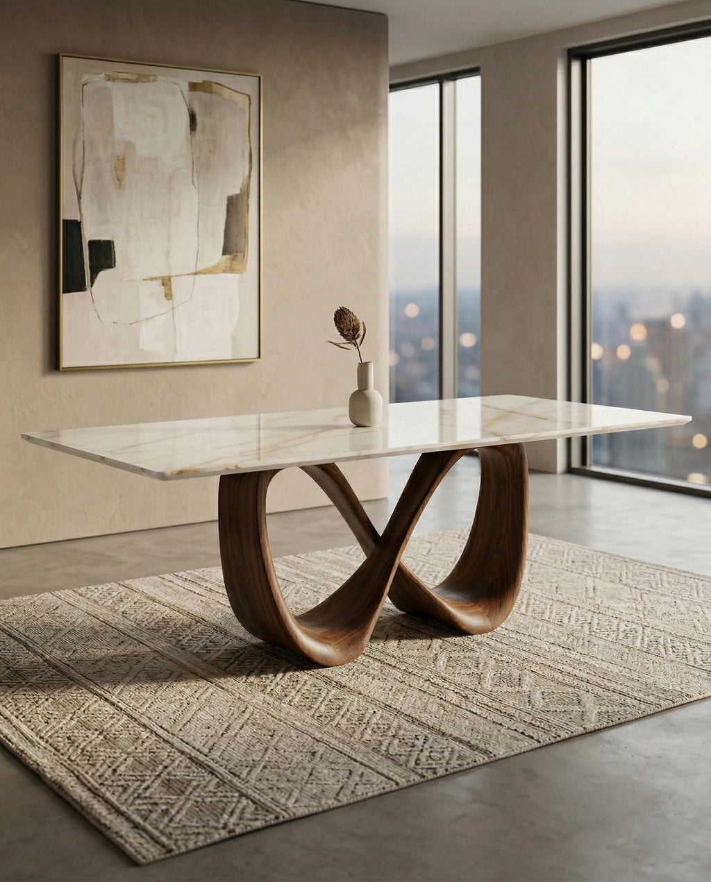 Beautiful premium onyx top dining table with sculptural base crafted by Arris Concepts Luxury Pvt. Ltd.