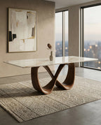 Beautiful premium onyx top dining table with sculptural base crafted by Arris Concepts Luxury Pvt. Ltd.