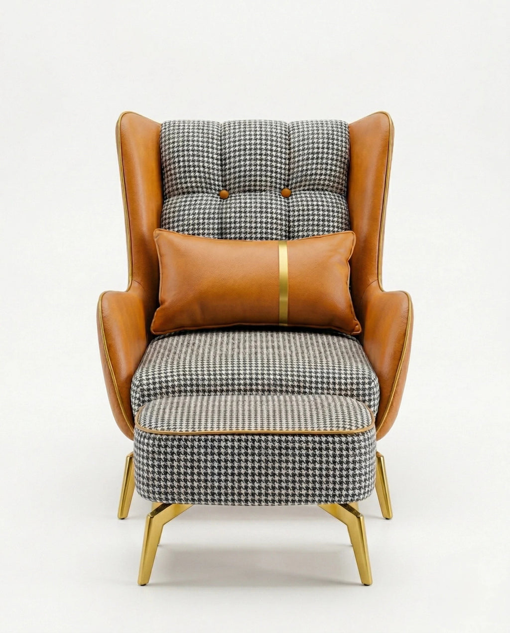 High-end accent chair and ottoman and premium real leather houndstooth chair crafted by Arris Concepts Luxury Pvt. Ltd.