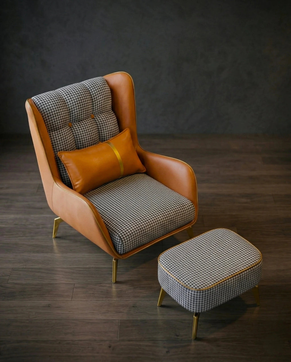 High-end accent chair and ottoman and premium real leather houndstooth chair crafted by Arris Concepts Luxury Pvt. Ltd.