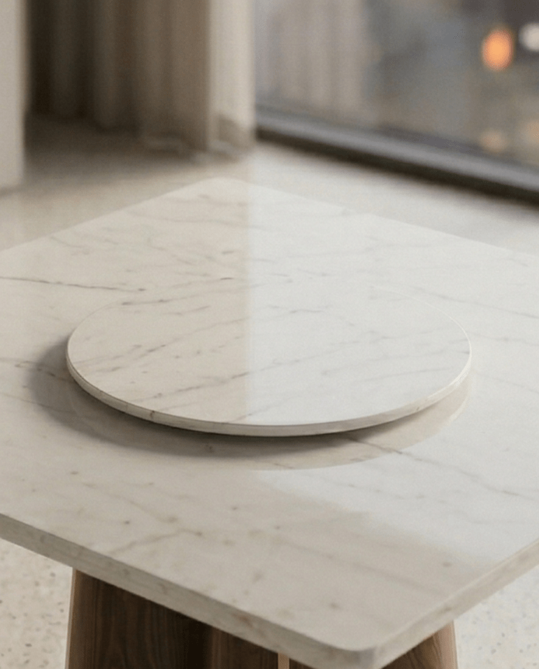 Beautiful premium square marble dining table with wood pedestal crafted by Arris Concepts Luxury Pvt. Ltd.