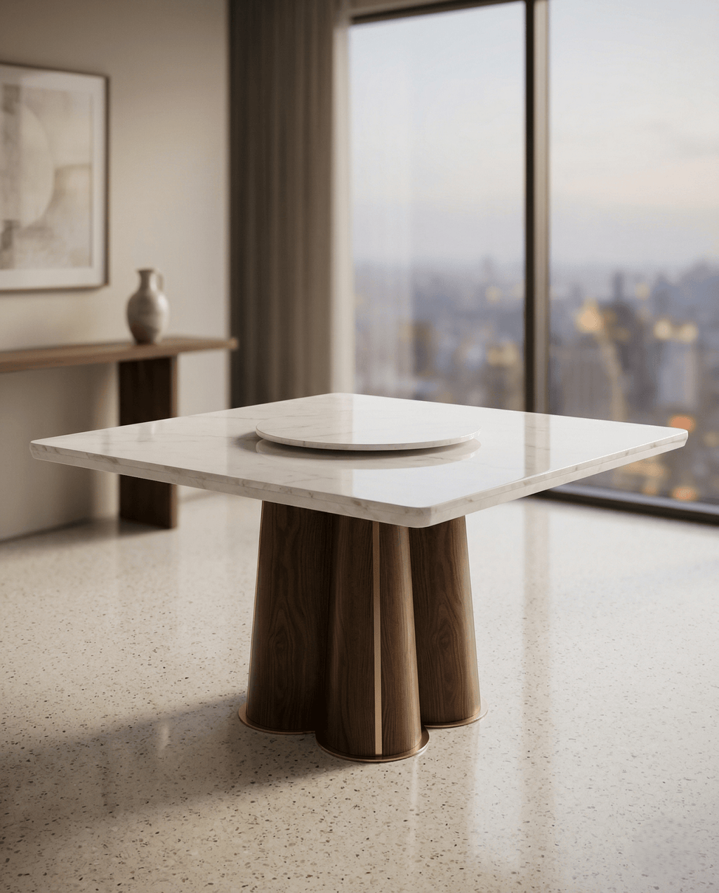 Beautiful premium square marble dining table with wood pedestal crafted by Arris Concepts Luxury Pvt. Ltd.