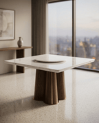 Beautiful premium square marble dining table with wood pedestal crafted by Arris Concepts Luxury Pvt. Ltd.