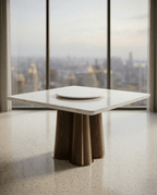 Beautiful premium square marble dining table with wood pedestal crafted by Arris Concepts Luxury Pvt. Ltd.