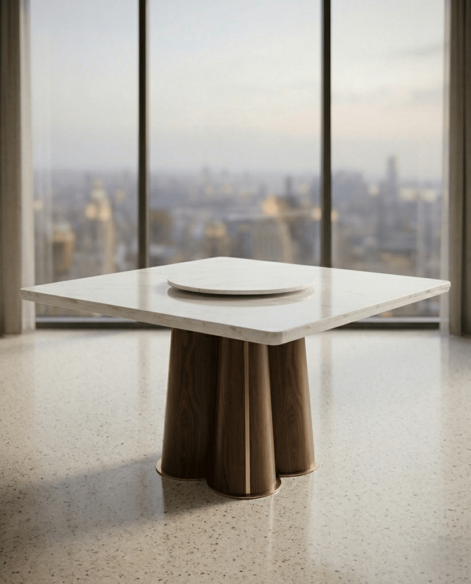 Beautiful premium square marble dining table with wood pedestal crafted by Arris Concepts Luxury Pvt. Ltd.