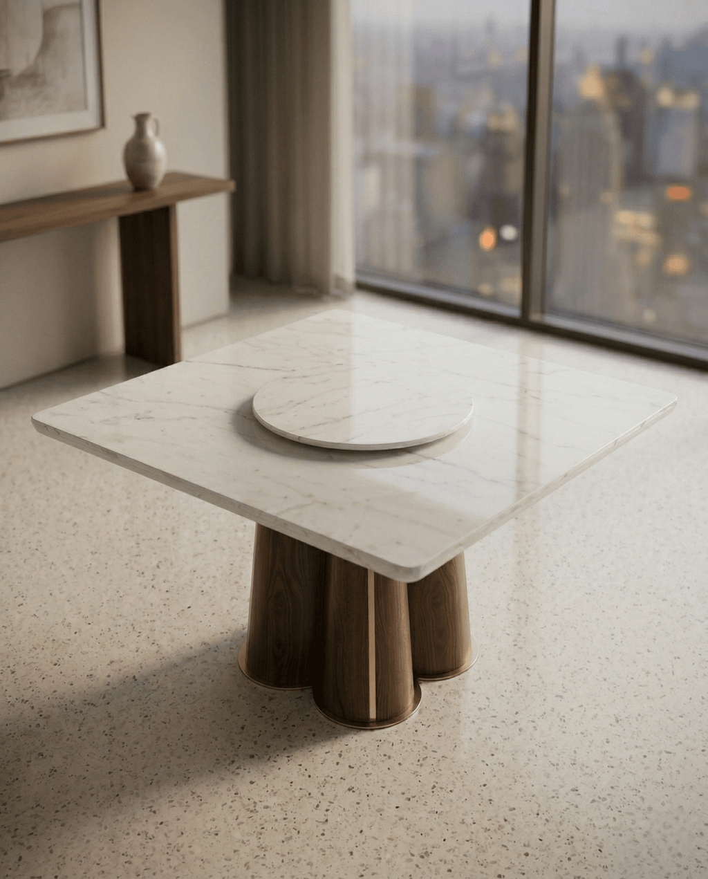 Beautiful premium square marble dining table with wood pedestal crafted by Arris Concepts Luxury Pvt. Ltd.