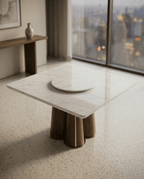Beautiful premium square marble dining table with wood pedestal crafted by Arris Concepts Luxury Pvt. Ltd.