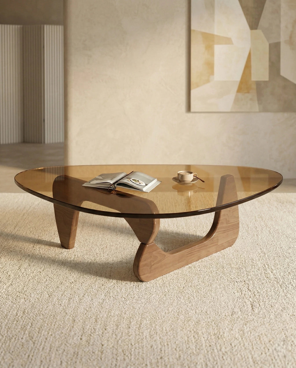 A premium tinted glass coffee table with a modern mid century center table base by Arris Concepts Luxury Pvt. Ltd.