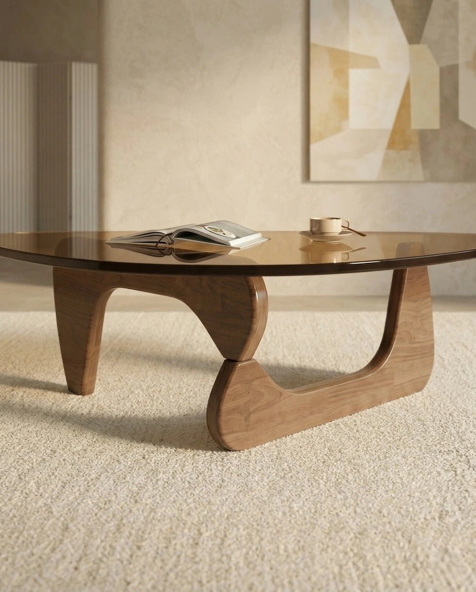 A premium tinted glass coffee table with a modern mid century center table base by Arris Concepts Luxury Pvt. Ltd.