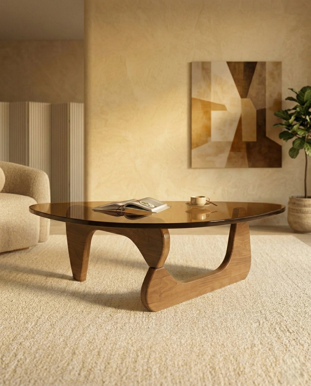 A premium tinted glass coffee table with a modern mid century center table base by Arris Concepts Luxury Pvt. Ltd.