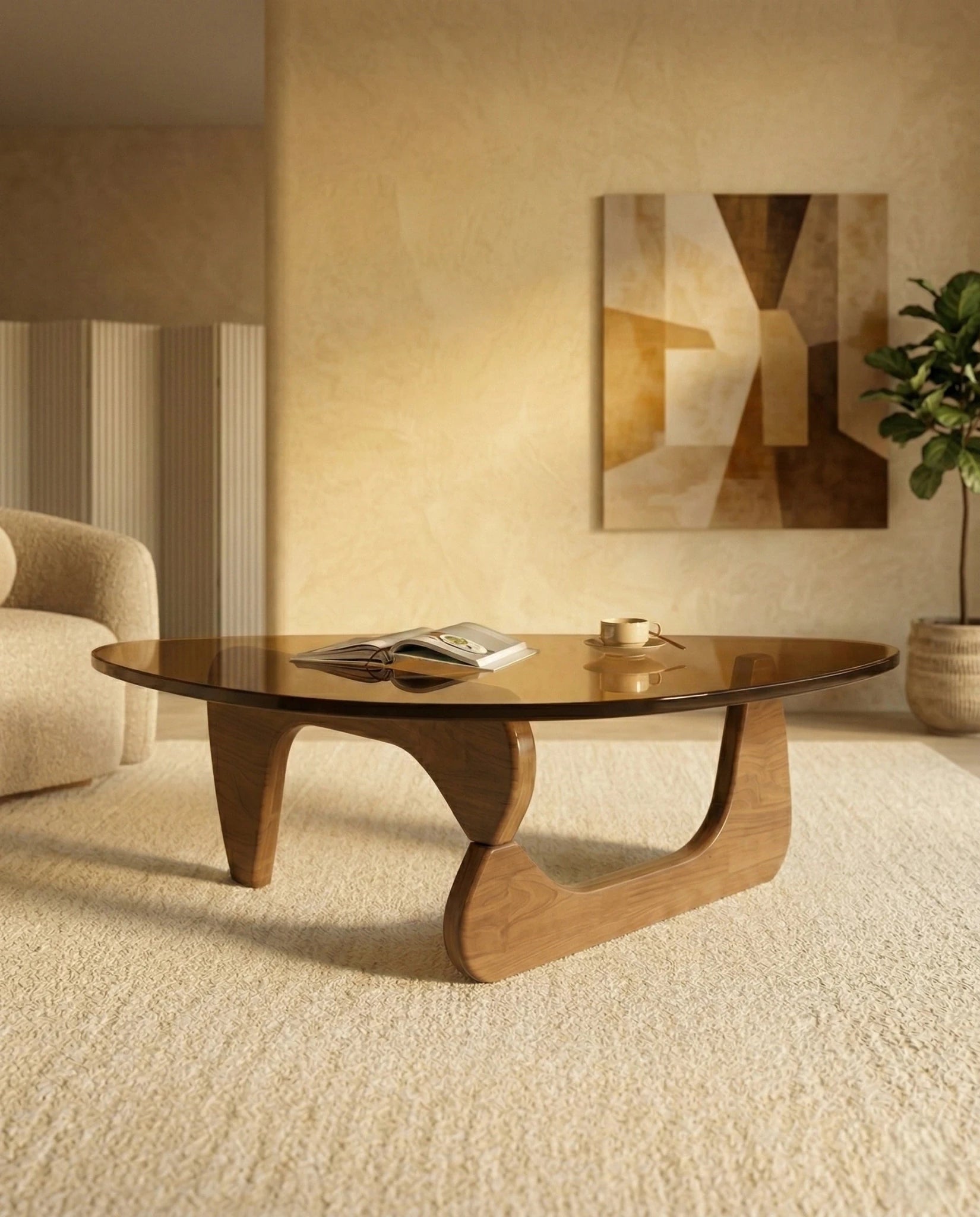 A premium tinted glass coffee table with a modern mid century center table base by Arris Concepts Luxury Pvt. Ltd.