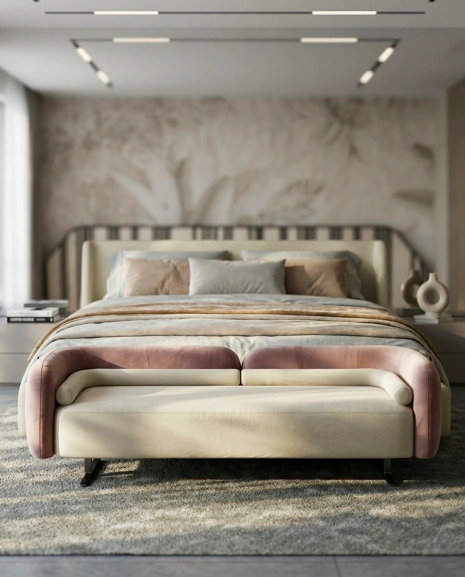 Beautiful premium two tone velvet bed end bench crafted by Arris Concepts Luxury Pvt. Ltd.