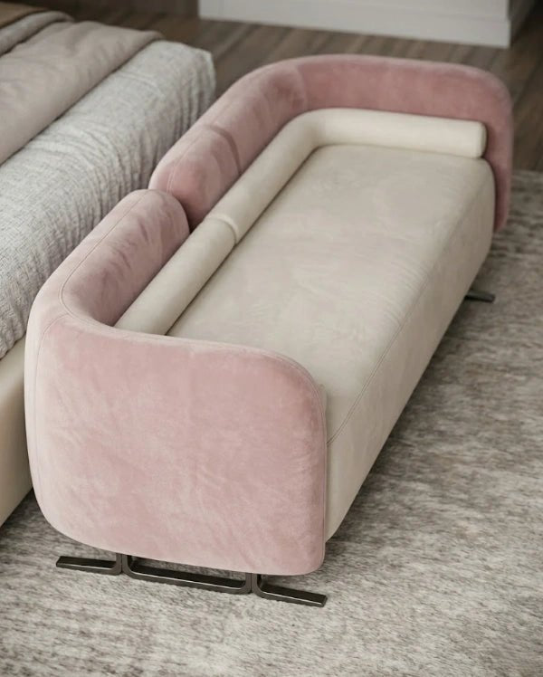 Beautiful premium two tone velvet bed end bench crafted by Arris Concepts Luxury Pvt. Ltd.