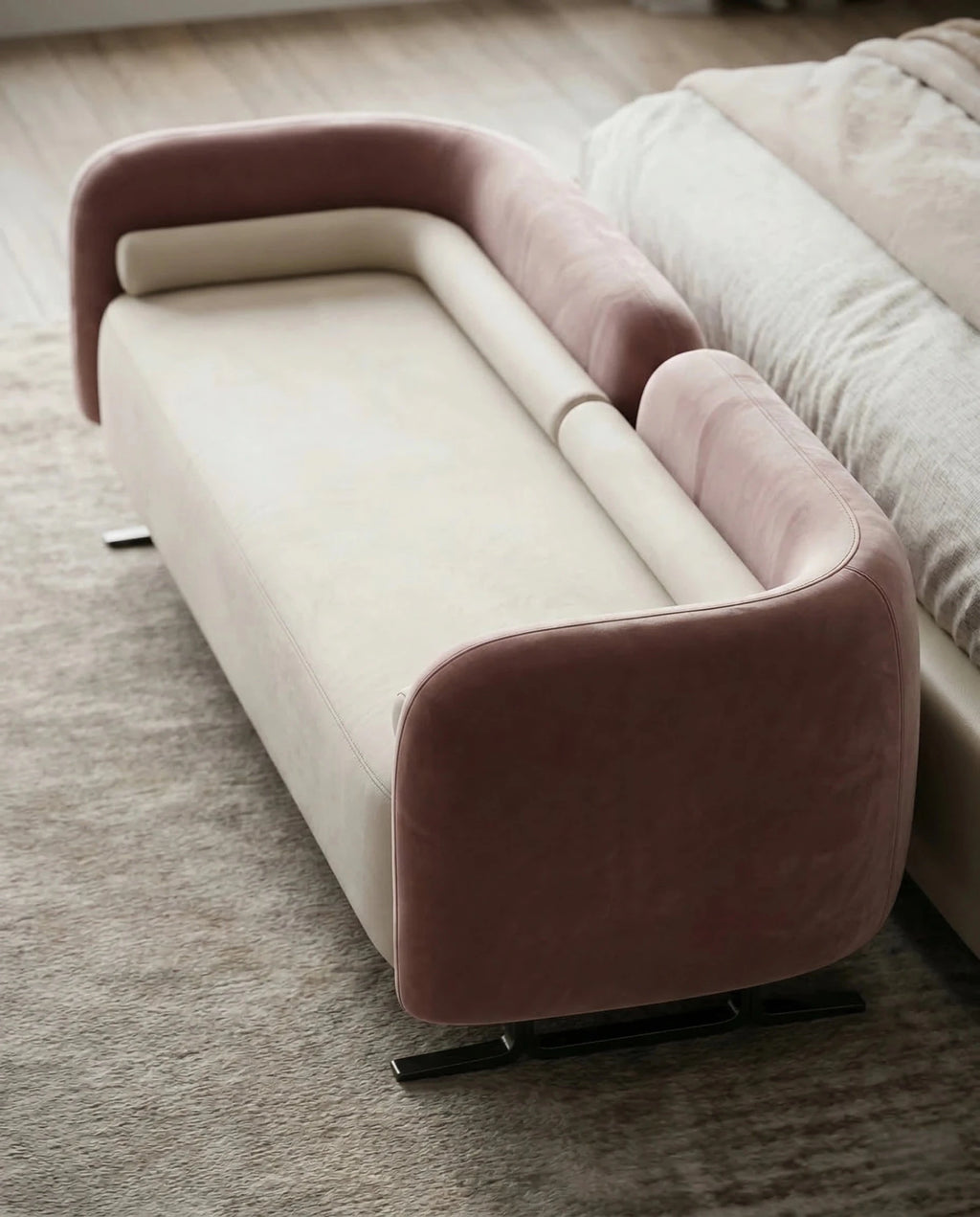 Beautiful premium two tone velvet bed end bench crafted by Arris Concepts Luxury Pvt. Ltd.